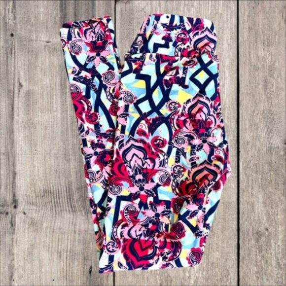 LuLaRoe Blue Red Pink Yellow Black Design Lightweight Leggings Pants Women's OS - Picture 1 of 9